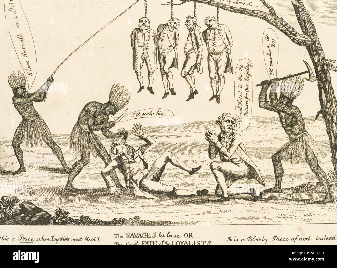 The savages let loose, or The cruel fate of the Loyalists. Cartoon shows three Natives, representing America, murdering six loyalists, four are being hung, one is about to be scalped, and the last, appealing to Fate, is about to be killed by an ax-wielding Native. William Humphrey Stock Photo