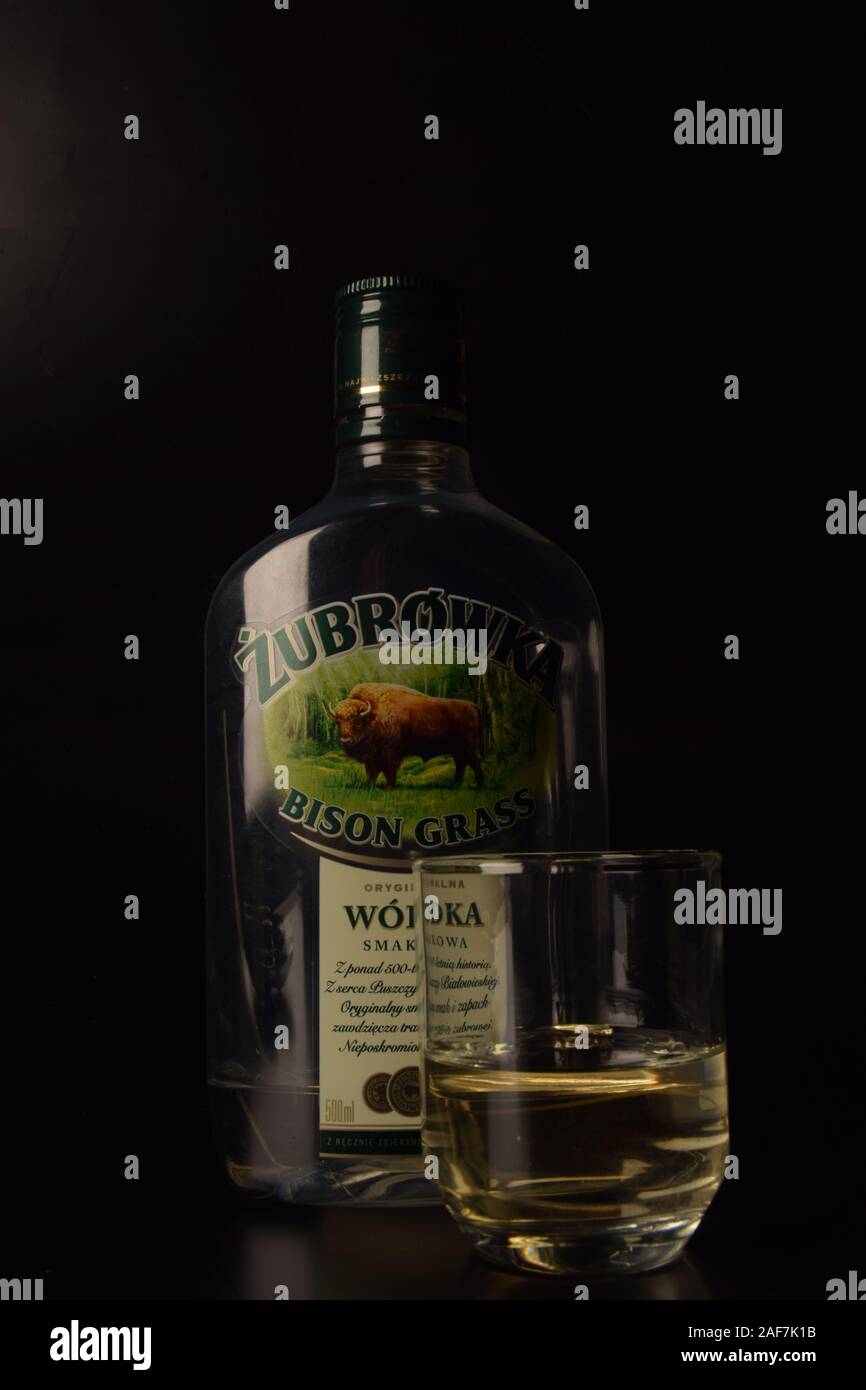 Studio Still Life Photo Shoot, Zubrowka Bison Grass Vodka, Polish Signage, 2019. Stock Photo