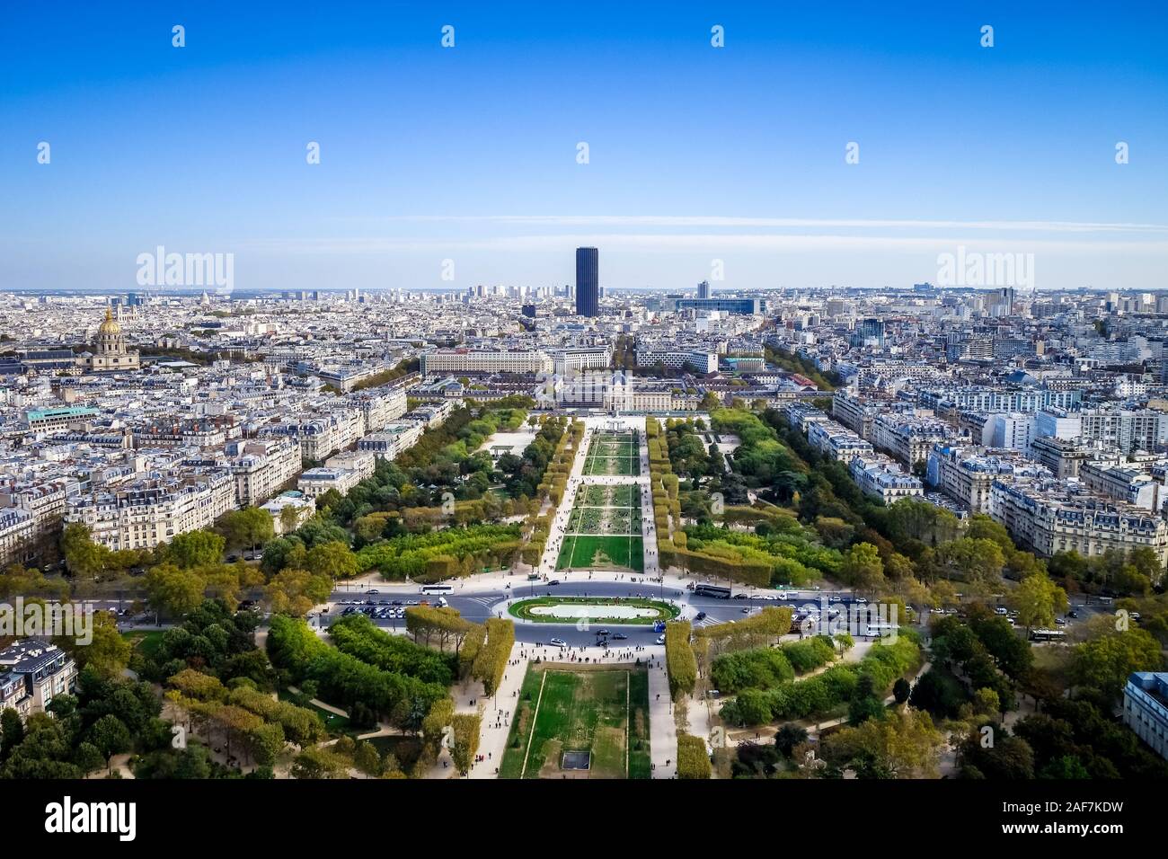 Aerial view of the Champ de Mars from Eiffel Tower, Paris, France Stock Photo