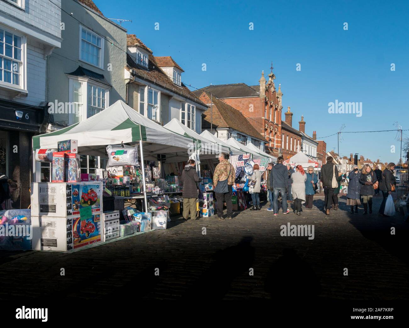 Market stalls in the medieval market town of  Faversham, Kent, UK Stock Photo