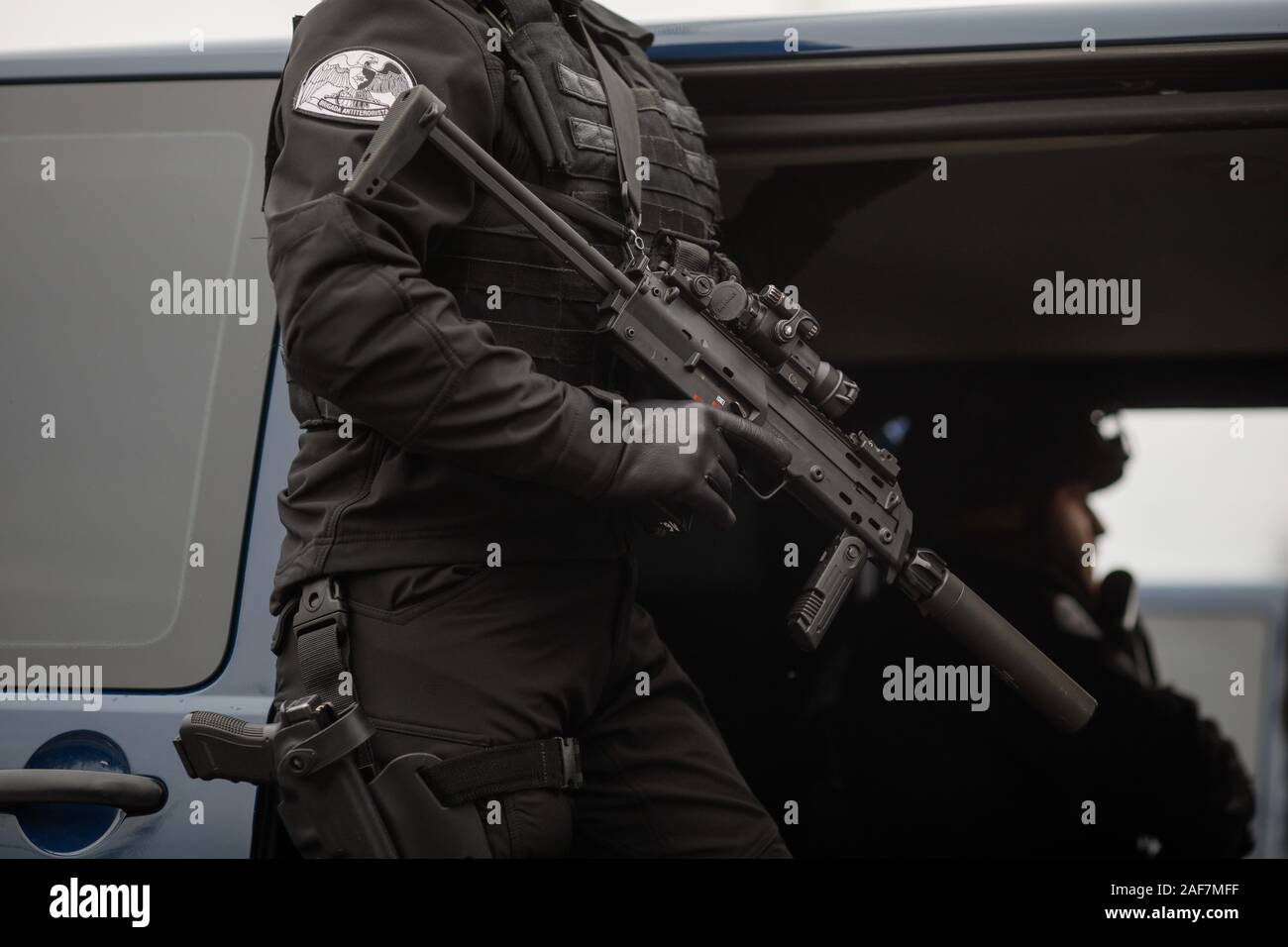 Bucharest, Romania - December 1, 2019: Anti terrorist officer from the Romanian Intelligence Service, armed with a MP7 Heckler & Koch Submachine Gun, Stock Photo