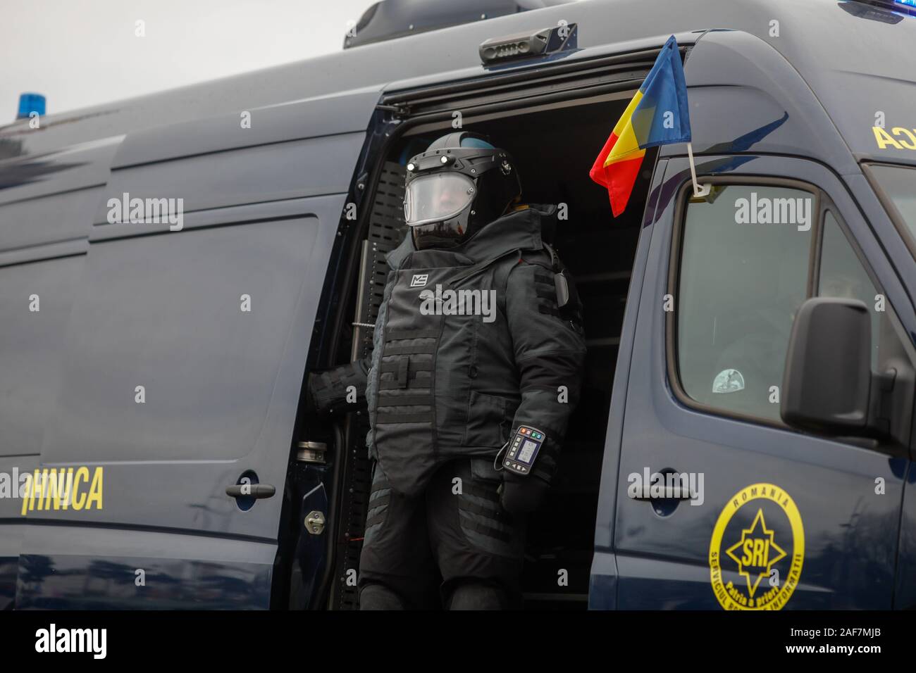 Bucharest, Romania - December 1, 2019: Officer from the Romanian Intelligence Service (SRI) wearing a EOD (Explosive Ordnance Disposal) military prote Stock Photo
