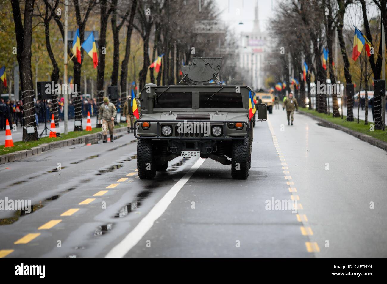 Bucharest, Romania - December 01, 2019: Romanian Army High Mobility Multipurpose Wheeled Vehicle (HMMWV, colloquial Humvee) at the Romanian National D Stock Photo