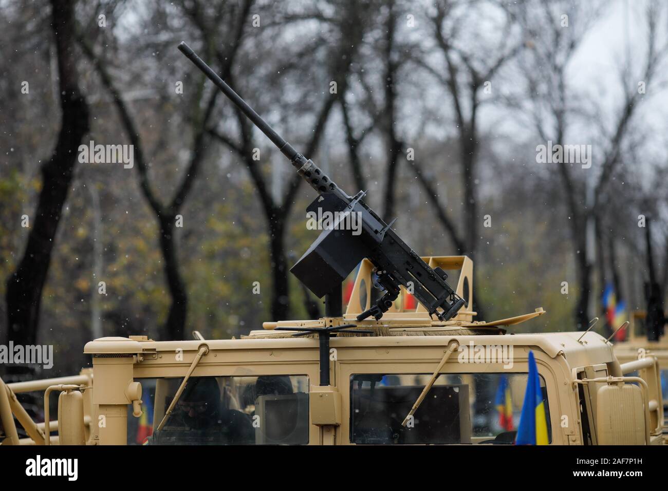 Bucharest, Romania - December 01, 2019: Romanian Army High Mobility Multipurpose Wheeled Vehicle (HMMWV, colloquial Humvee) with 12.7 mm heavy machine Stock Photo