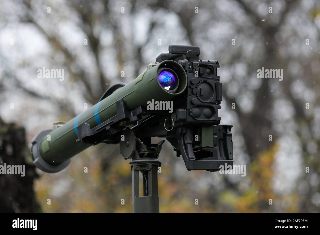 BUCHAREST, ROMANIA - December 1, 2019: TOW anti-tank guided missile on top of a Humvee, during the Romanian National Day military parade. Stock Photo