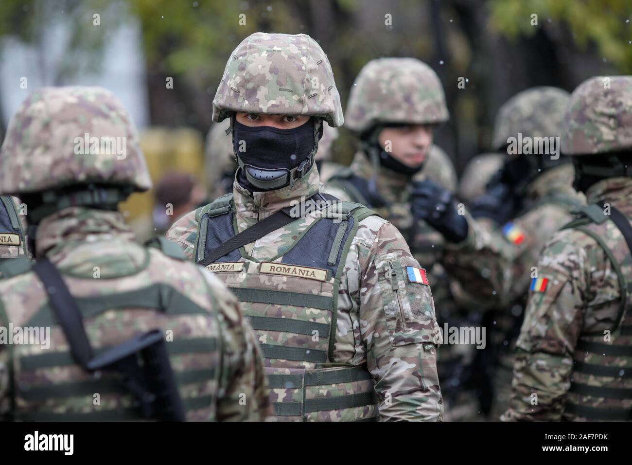 Bucharest, Romania - December 01, 2019: Romanian army soldiers at the Romanian National Day military parade. Stock Photo