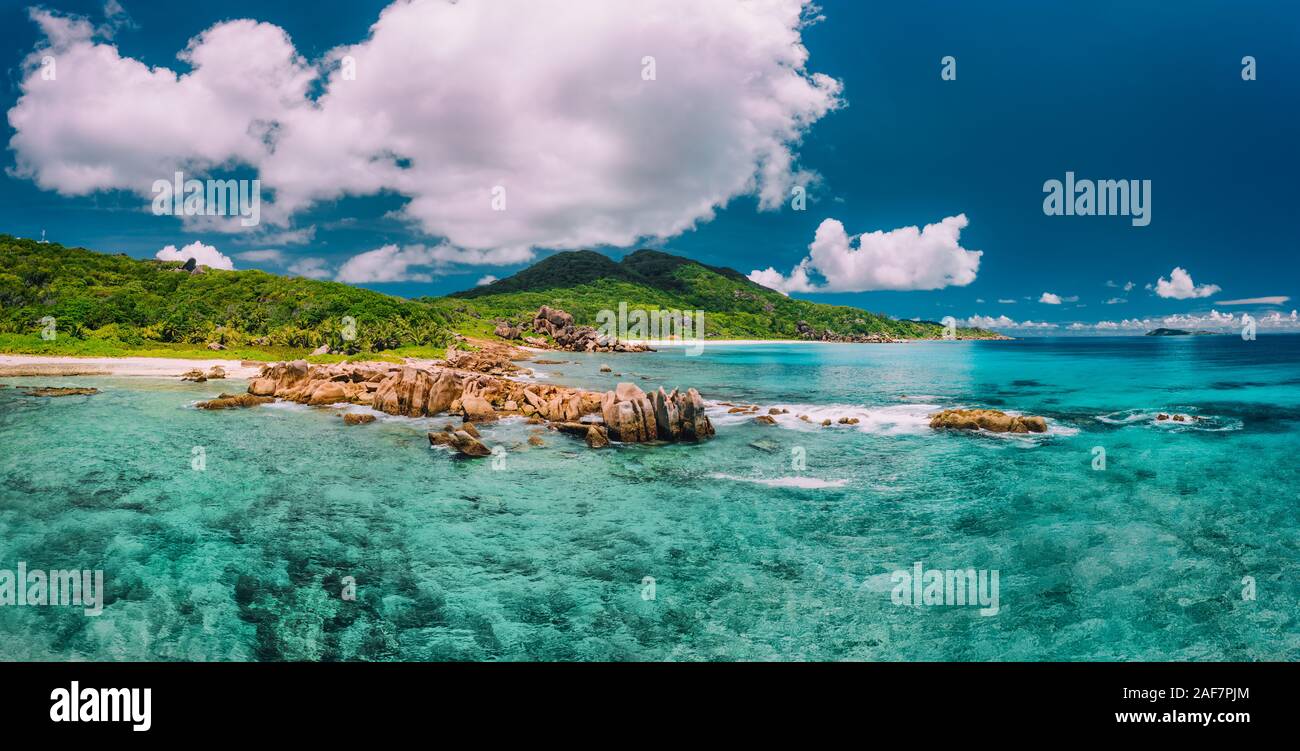 Grand Anse beach at La Digue island in Seychelles. Turquoise blue