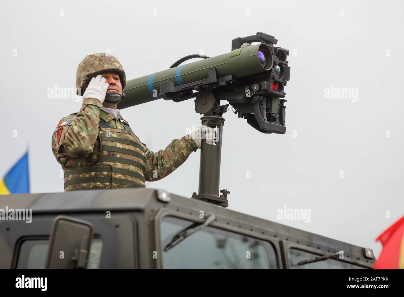 BUCHAREST, ROMANIA - December 1, 2019: TOW anti-tank guided missile on top of a Humvee, during the Romanian National Day military parade. Stock Photo