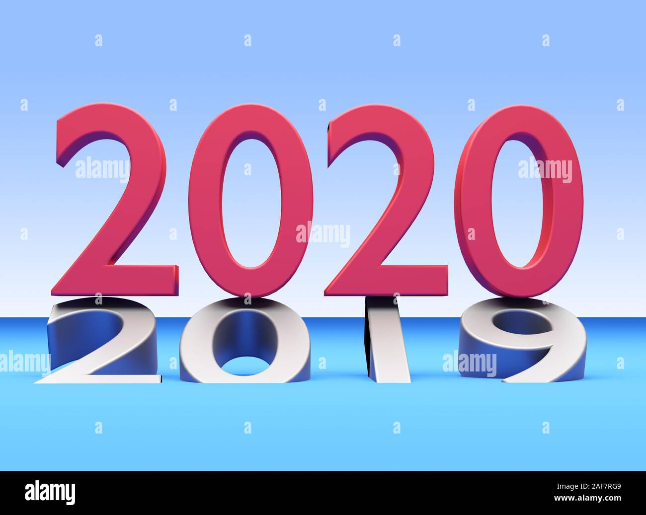 Numbers of New Year 2020 over grey old 19 on blue background. 3d render Stock Photo