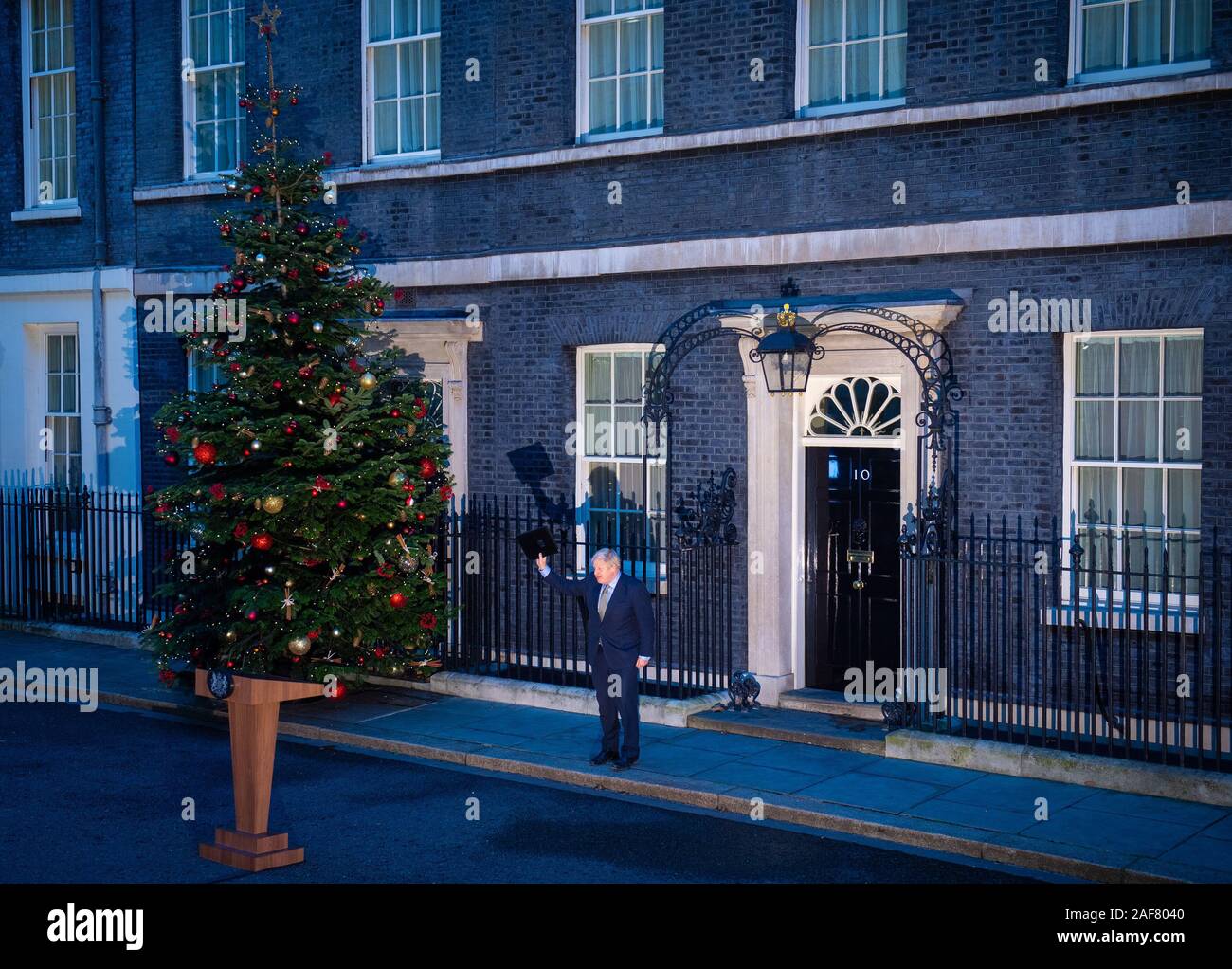 Prime Minister Boris Johnson after making a statement in Downing Street, London as the Conservative Party was returned to power in the General Election with an increased majority. PA Photo. Picture date: Friday December 13, 2019. See PA story POLITICS Election. Photo credit should read: Dominic Lipinski/PA Wire Stock Photo