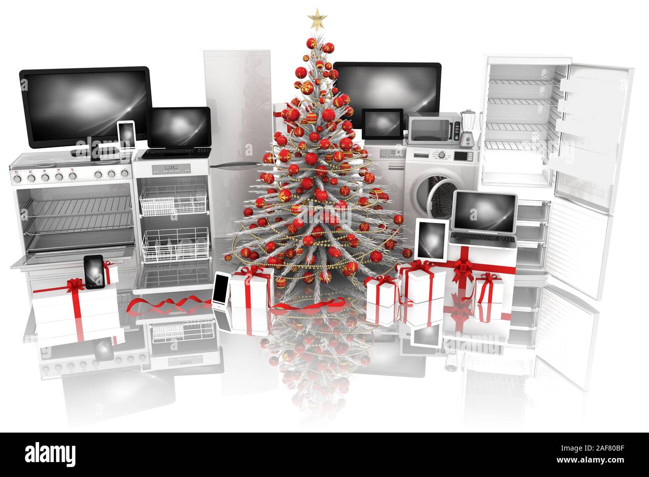 3D illustration. Christmas tree decorated white. Christmas technology gifts: appliances, computer, phone, smartphone, tablet. Stock Photo