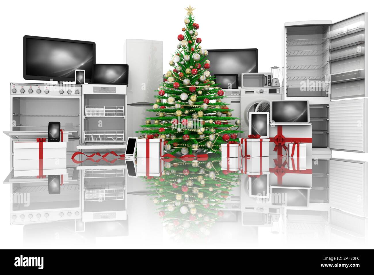 3D illustration. Christmas tree decorated green. Christmas technology gifts: appliances, computer, phone, smartphone, tablet. Stock Photo