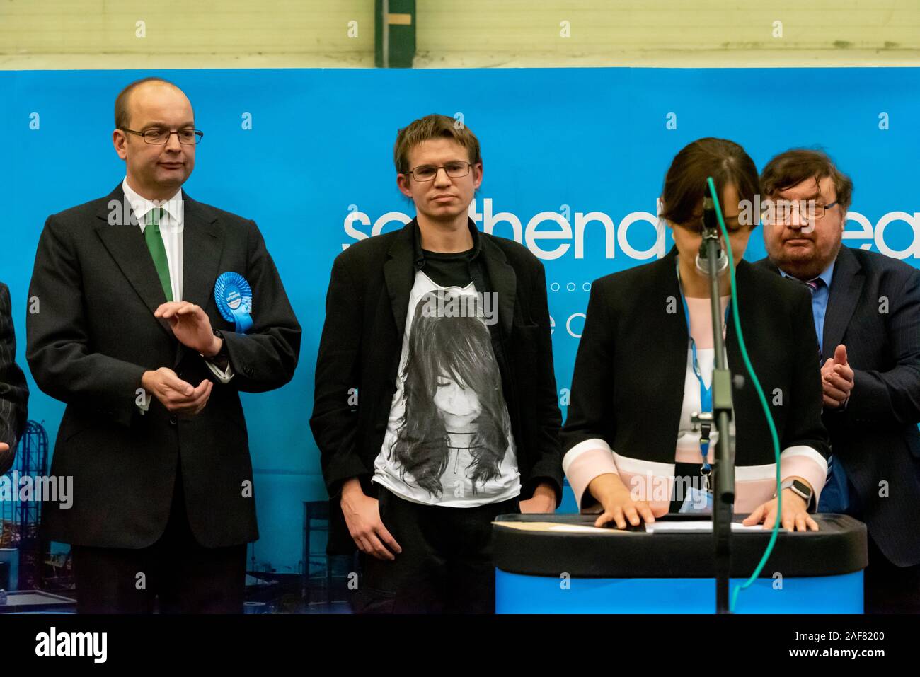 Candidates at the UK Parliamentary General Election Southend constituency ballot count and declaration of results at Garon Park, Southend, Essex, UK Stock Photo