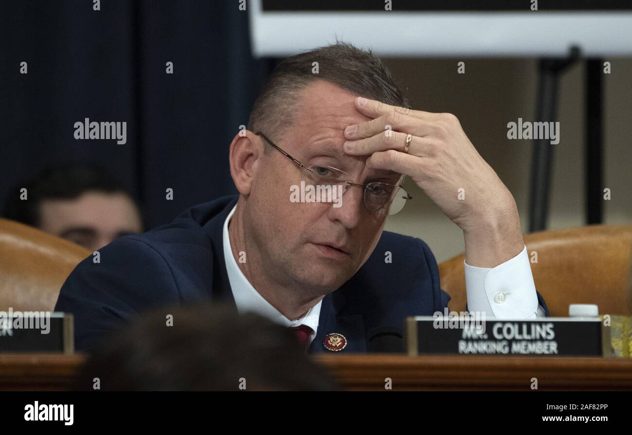 Washington, United States. 13th Dec, 2019. The House Judiciary Committee ranking member Doug Collins of Georgia gathers his thoughts as the committee votes on two articles of Impeachment against President Donald Trump on Capitol Hill, in Washington, DC, Friday, December 13, 2019. The two articles passed 23-17 and will now go to the full House of Representatives for a vote next week. The president is accused of obstruction of Congress and abuse of power. Photo by Pat Benic/UPI Credit: UPI/Alamy Live News Stock Photo