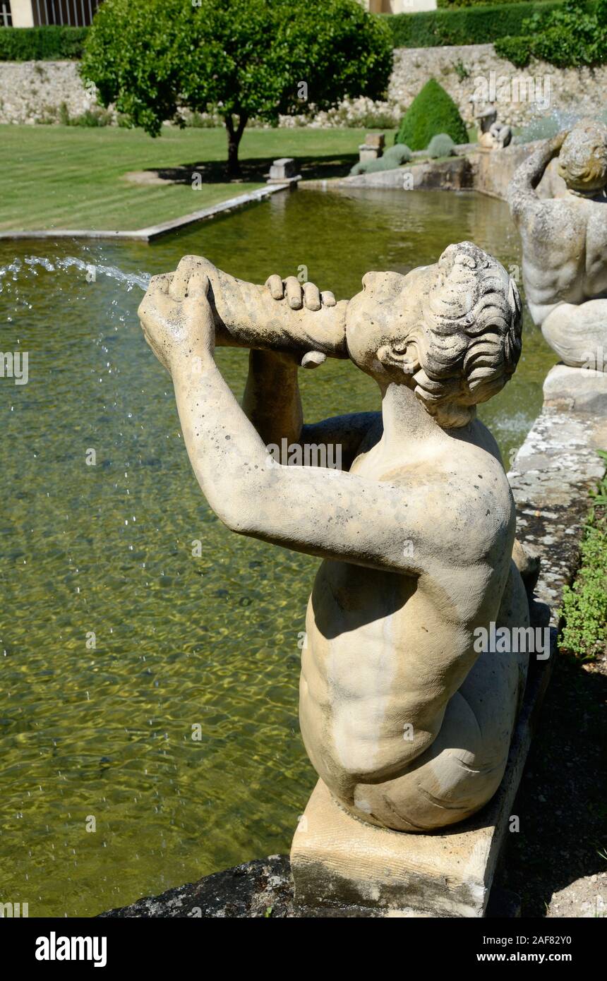 Garden Sculpture of Triton Merman & Water Spout Jardins d'Albertas or Albertas Gardens Bouc-bel-Air near Aix-en-Provence Provence France Stock Photo