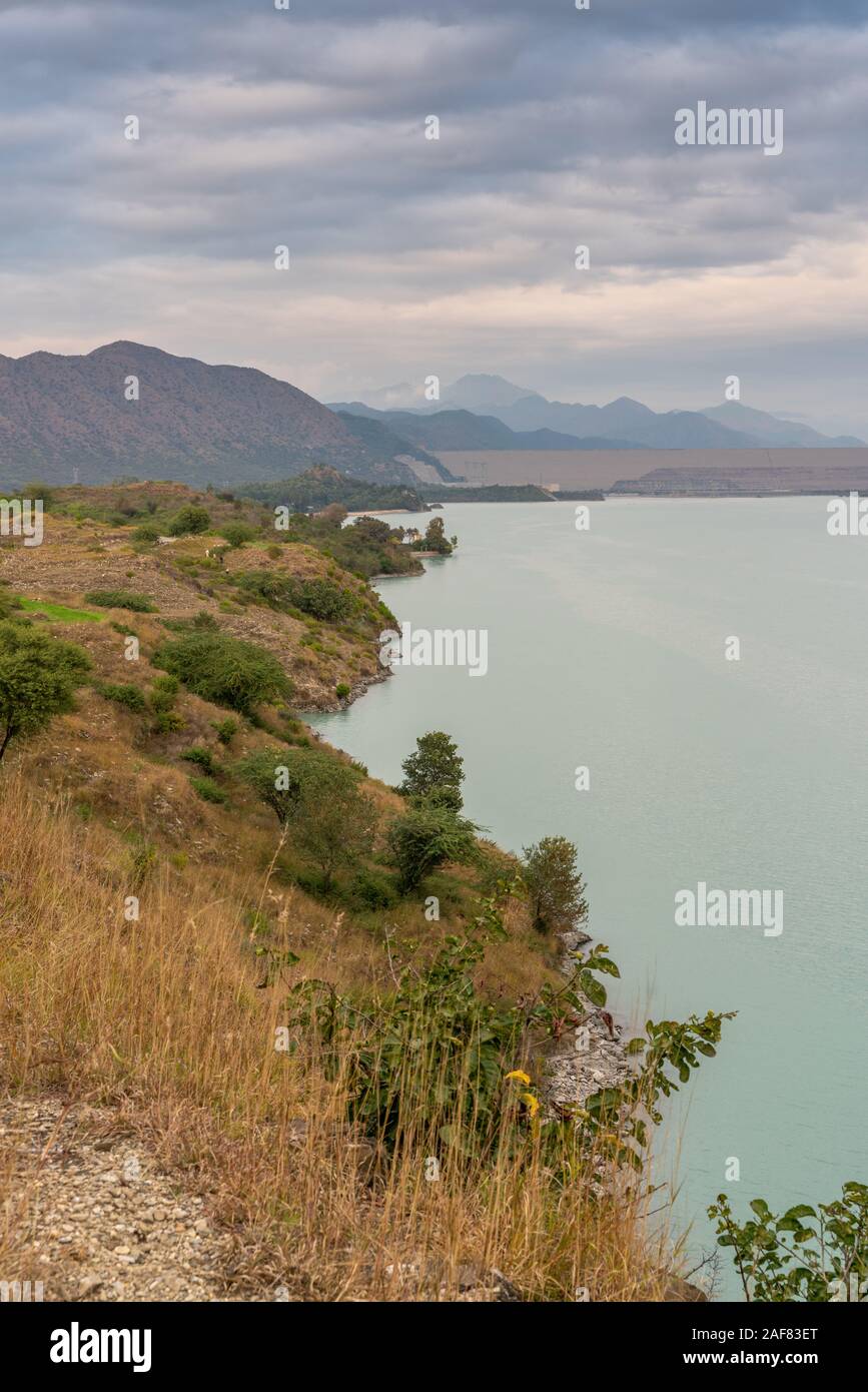 Tarbela Lake and Mountain landscape, Tarbela Dam Ghazi, KPK, Pakistan Stock Photo