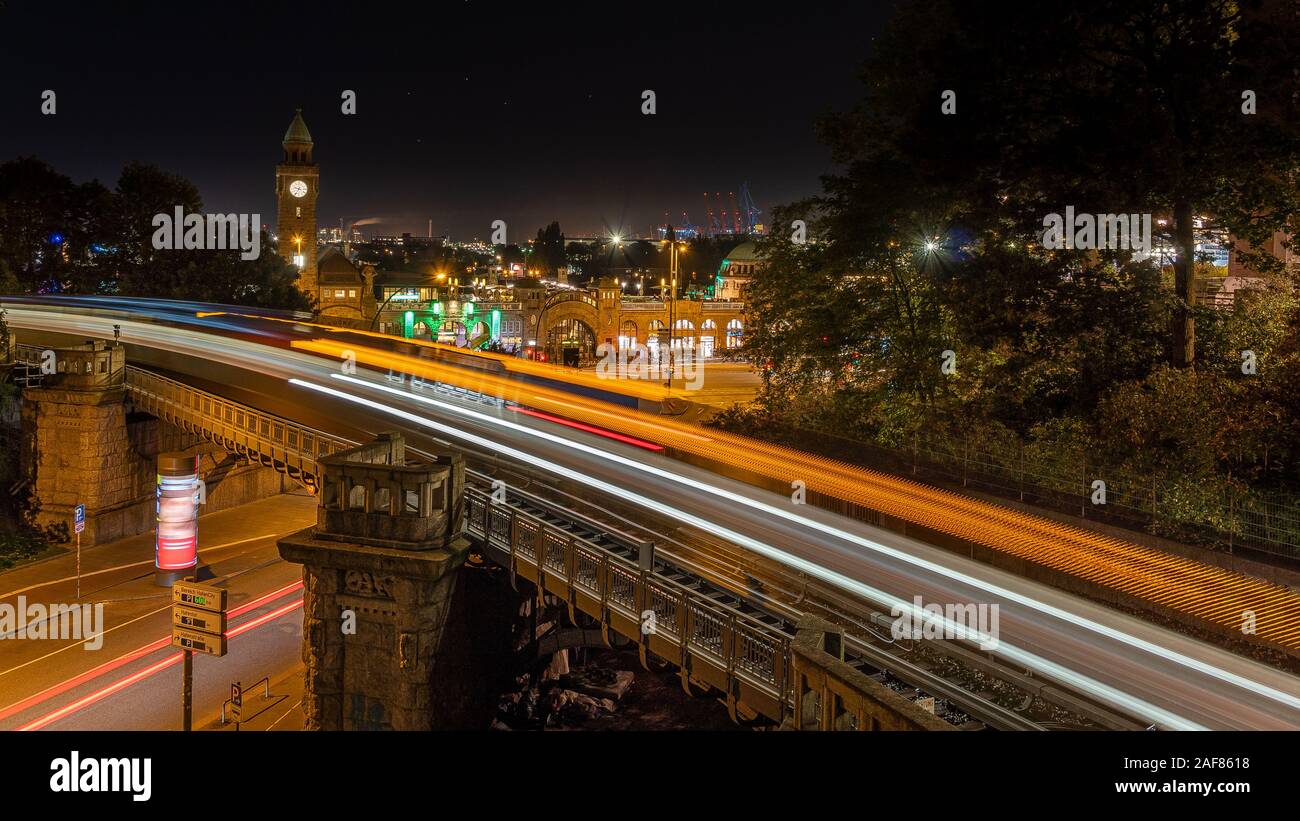 Hamburg Landungsbrücken bei Nacht / Hamburg at night Stock Photo