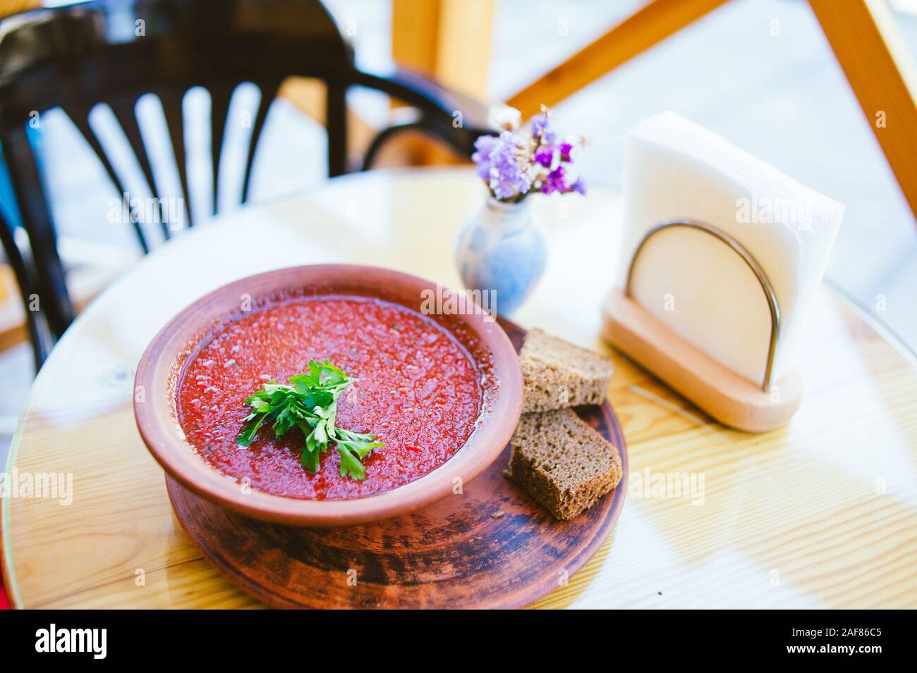 Chili Tomato Soup With Sour Cream Sauce Cottage Cheese Basil And