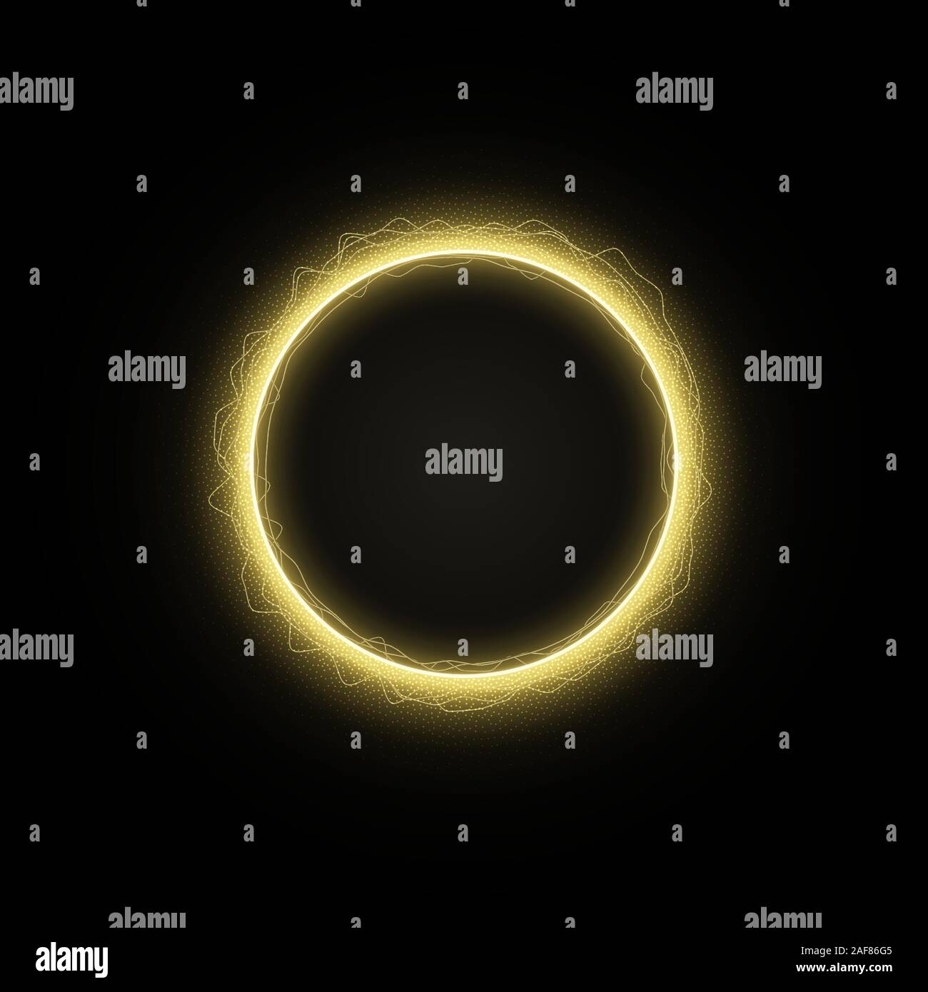 Round gold tinsel frame with line effect circle. Glowing light ring. Vector illustration. Stock Vector