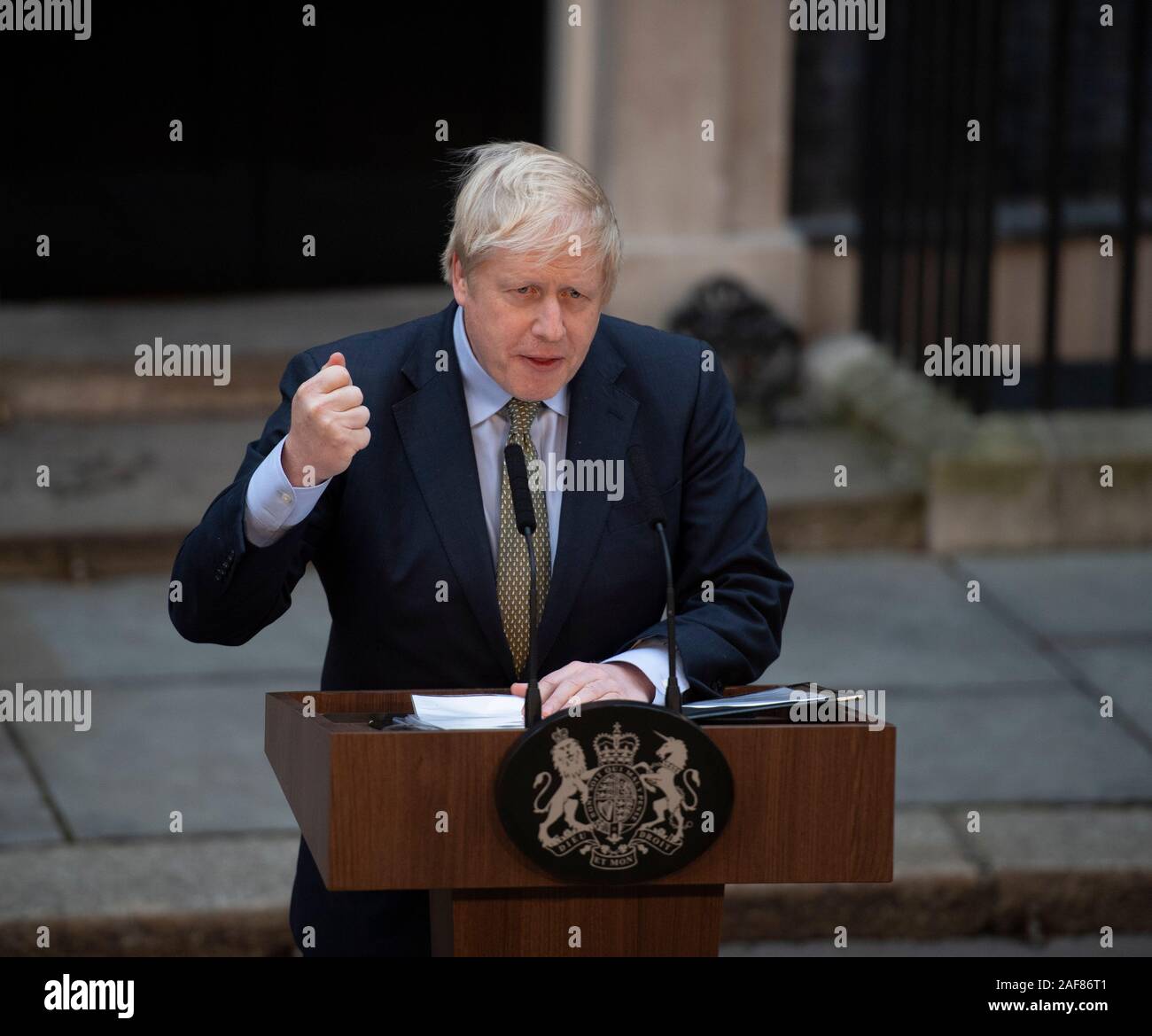 10 Downing Street, London, UK. 13th December 2019. Boris Johnson speaks outside 10 Downing Street after forming new government. Credit: Malcolm Park/Alamy Live News. Stock Photo