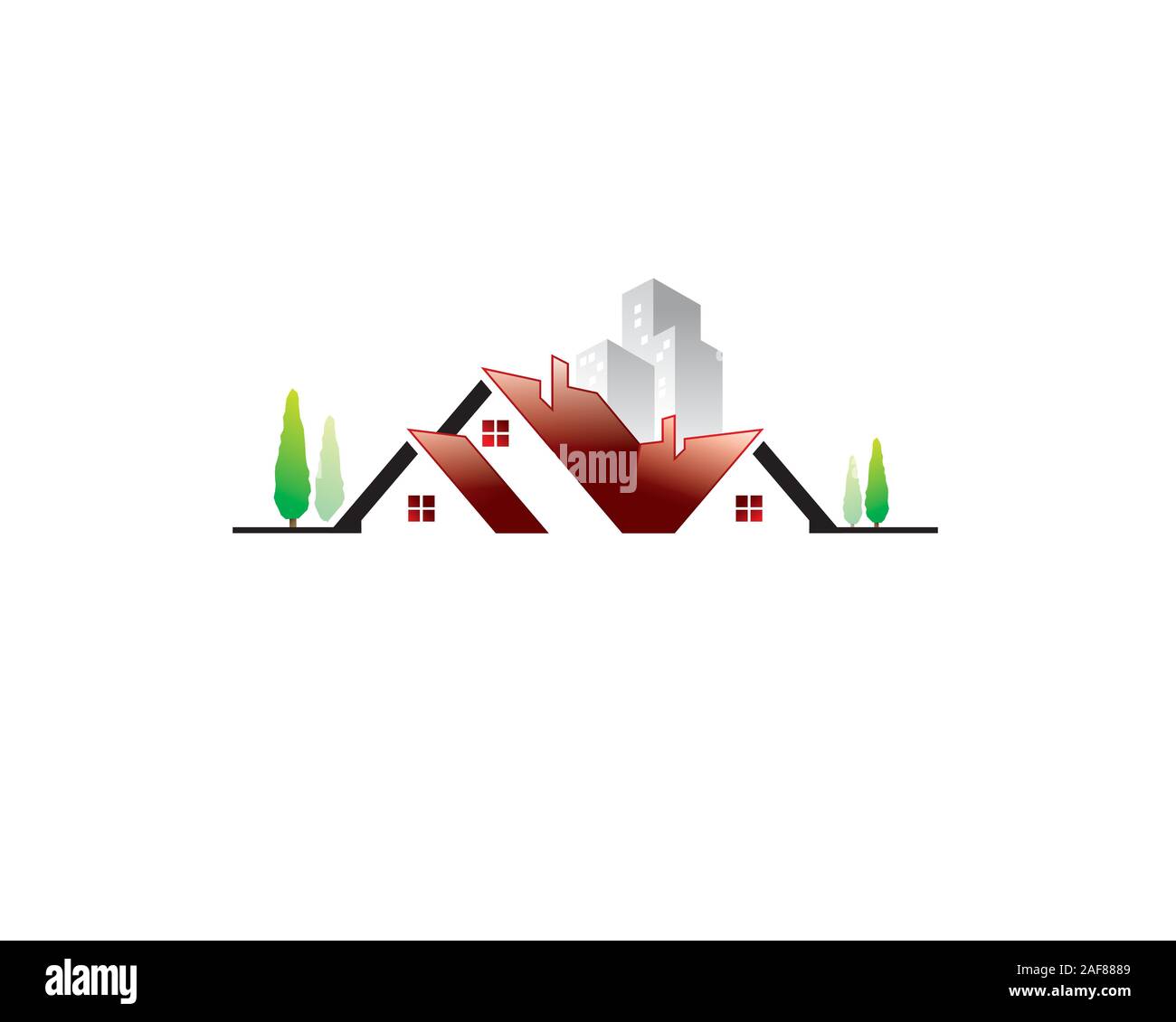 country side house roof with pine trees and highrise building as background Stock Vector