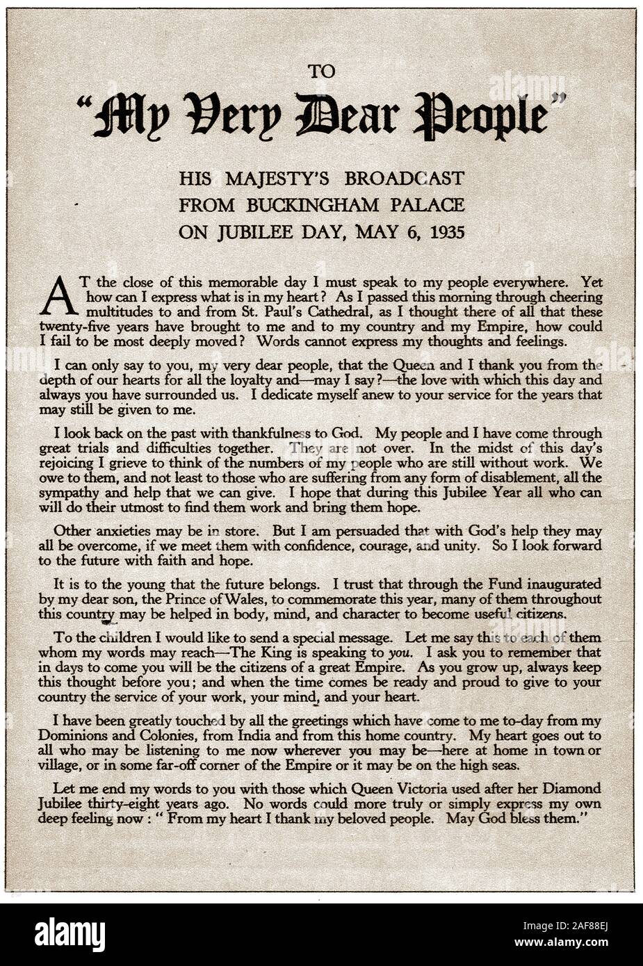 George V - A copy of the King's Jubilee Speech May 6th 1935.   George Frederick Ernest Albert 1865-1936  was also the 1st British monarch to deliver an annual  speech at Christmas on radio, an event that became annual thereafter. Stock Photo