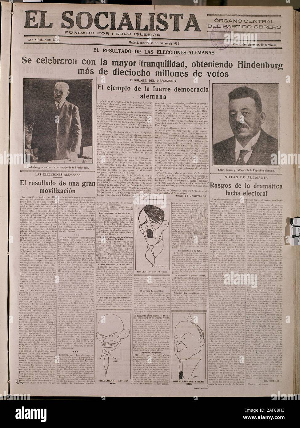 PERIODICO EL SOCIALISTA - 1932. Location: HEMEROTECA MUNICIPAL. MADRID. SPAIN. PAUL VON HINDENBURG. ADOLF HITLER. Ebert. Thaelmann. THEODOR DUESTERBERG. Stock Photo