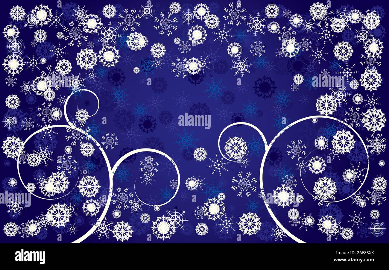Blue christmas background with curls and snowflakes, vector ...