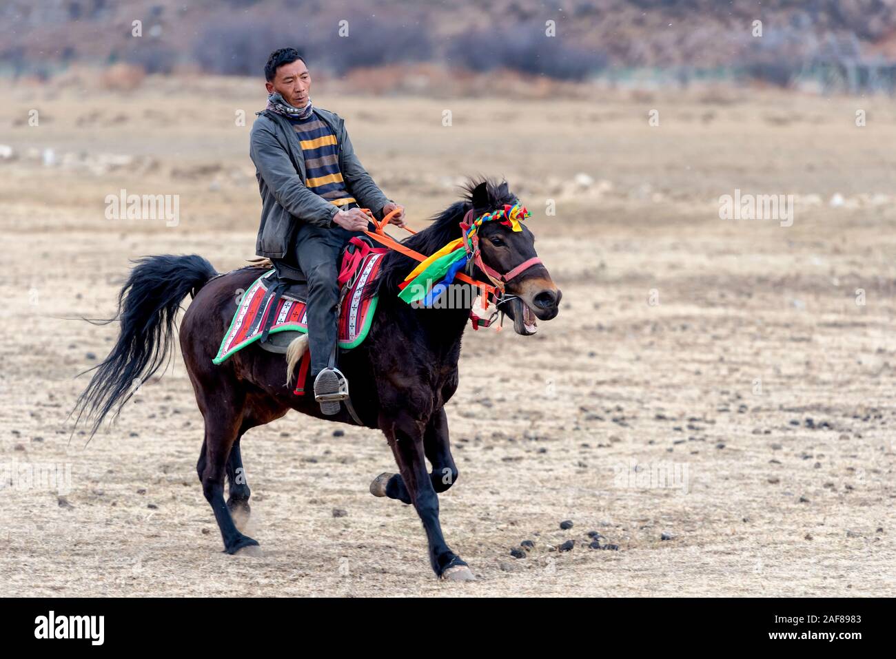 March 21, 2019: Man riding a horse. Shangri-la, Yunnan, China Stock ...