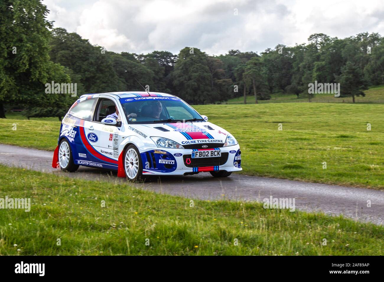 2002 Ford Focus St170 Martini rally car; Classic cars, historics, cherished, old timers, collectable restored vintage veteran, heritage vehicles of yesteryear arriving for the Mark Woodward historical motoring event at Leighton Hall, Carnforth, UK Stock Photo