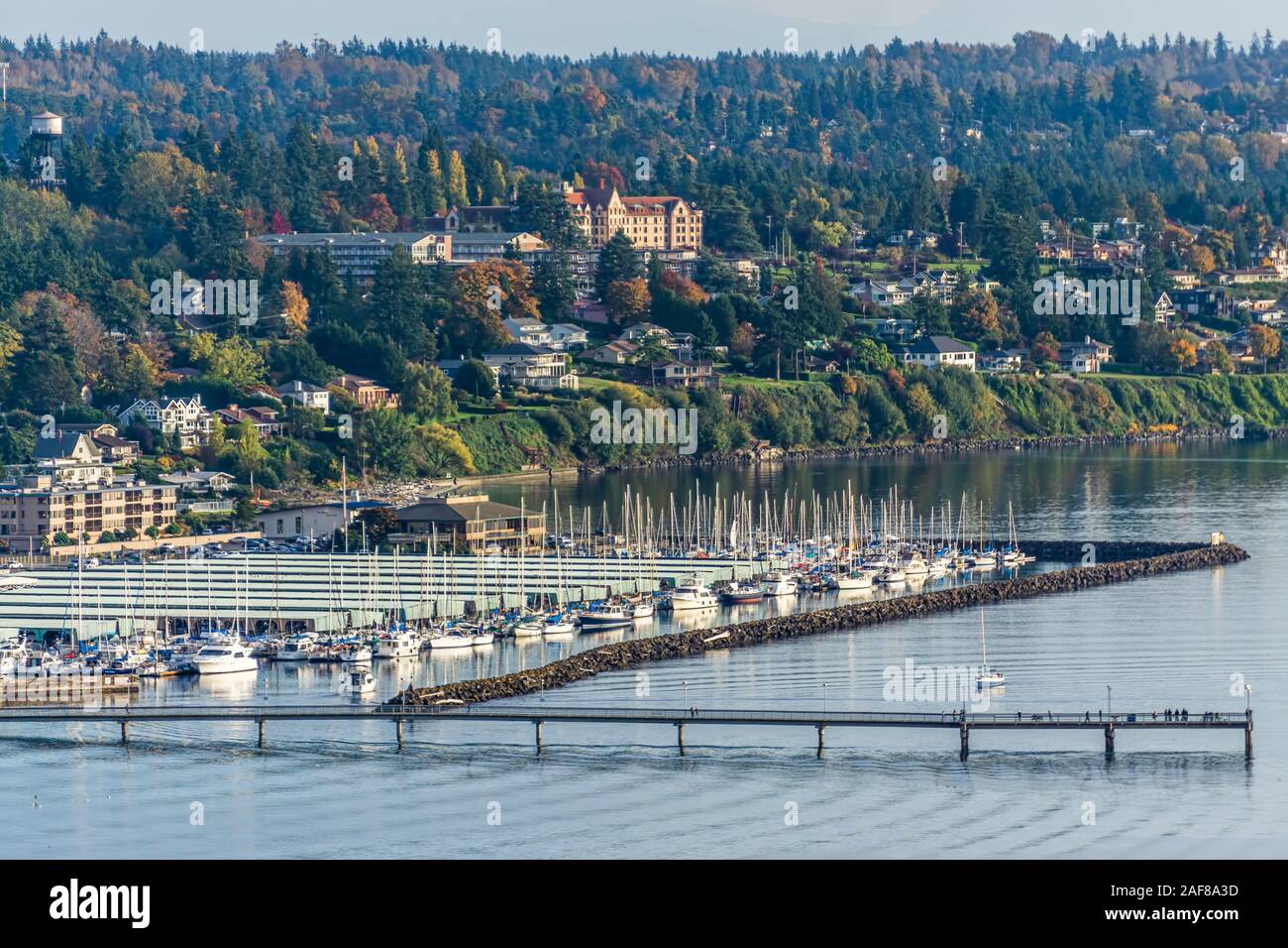 A view of the waterfron and marina in Des Moines, Washington. Stock Photo