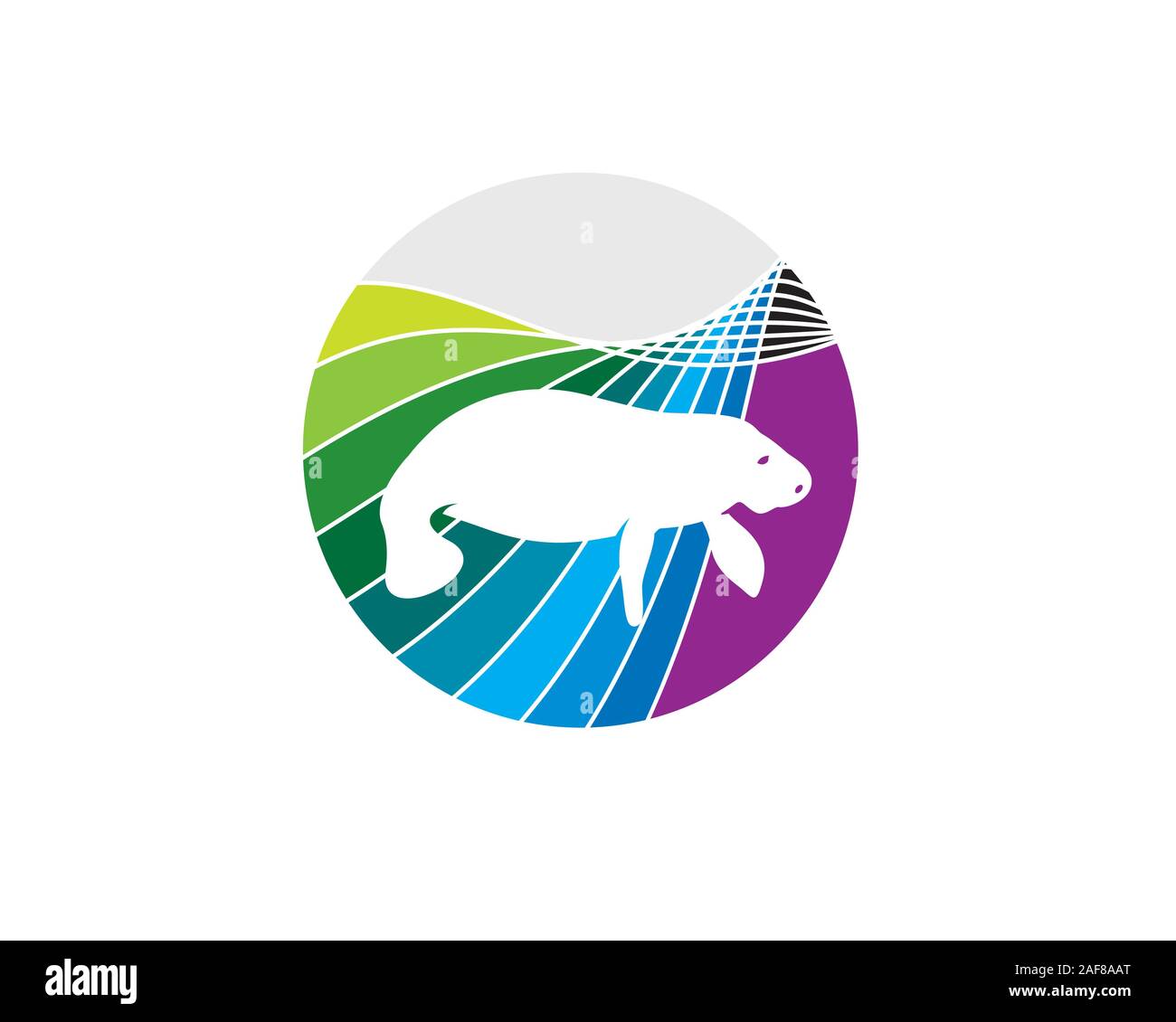 negative space manatee in front of rainbow colorful ocean waves Stock Vector