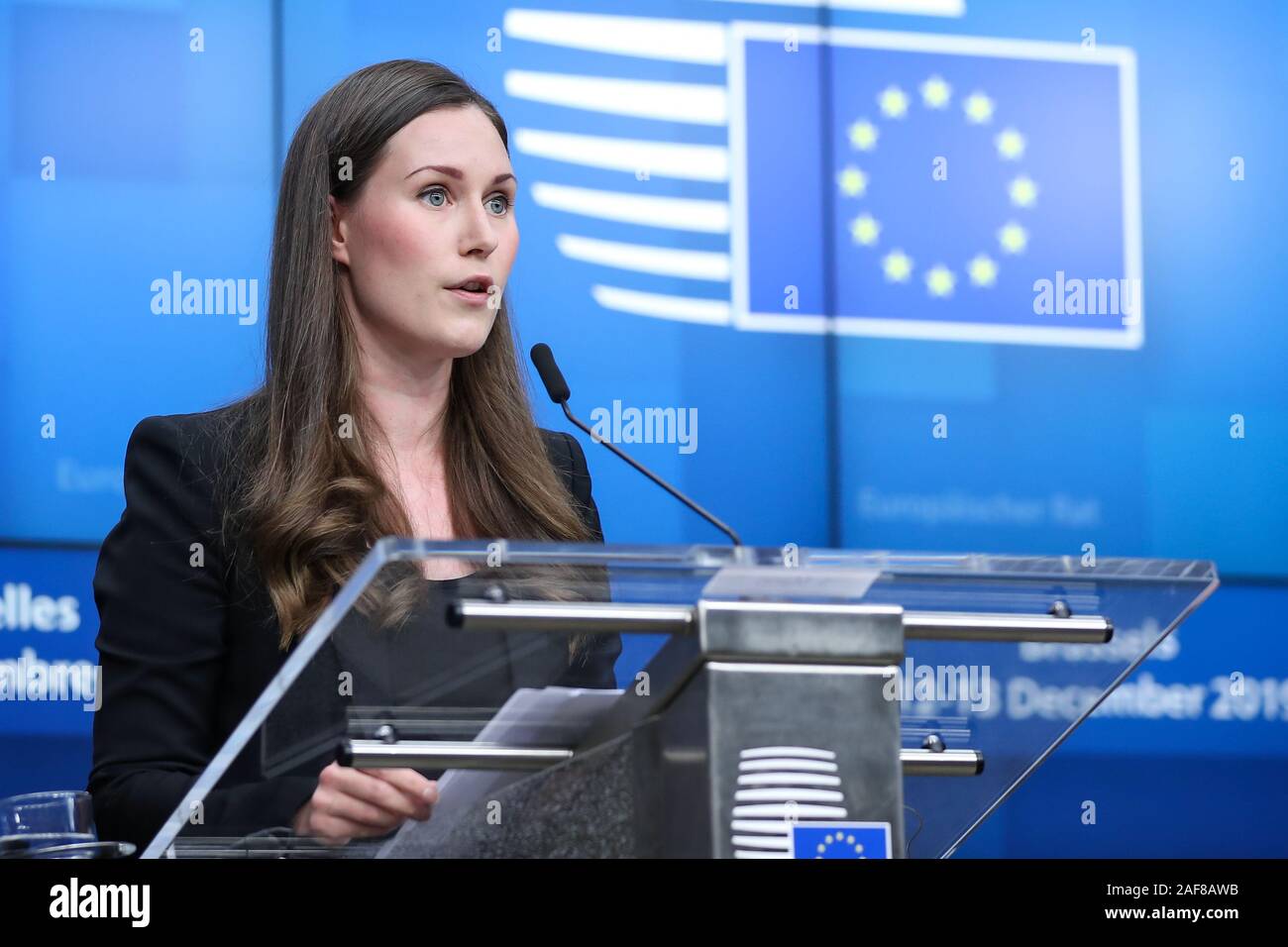 Brussels, Belgium. 13th Dec, 2019. Finnish Prime Minister Sanna Marin attends a press conference at the end of the EU summit in Brussels, Belgium, Dec. 13, 2019. Credit: Zhang Cheng/Xinhua/Alamy Live News Stock Photo