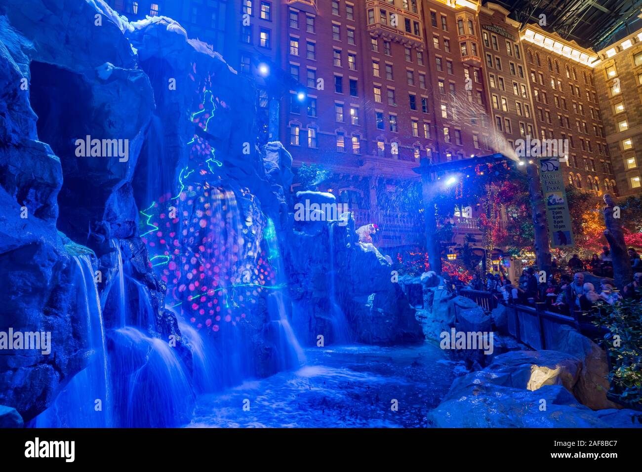 Las Vegas, DEC 12: Beautiful Christmas lights and shows of the Mystic Falls Park in Sam's Town on DEC 12, 2019 at Las Vegas, Nevada Stock Photo