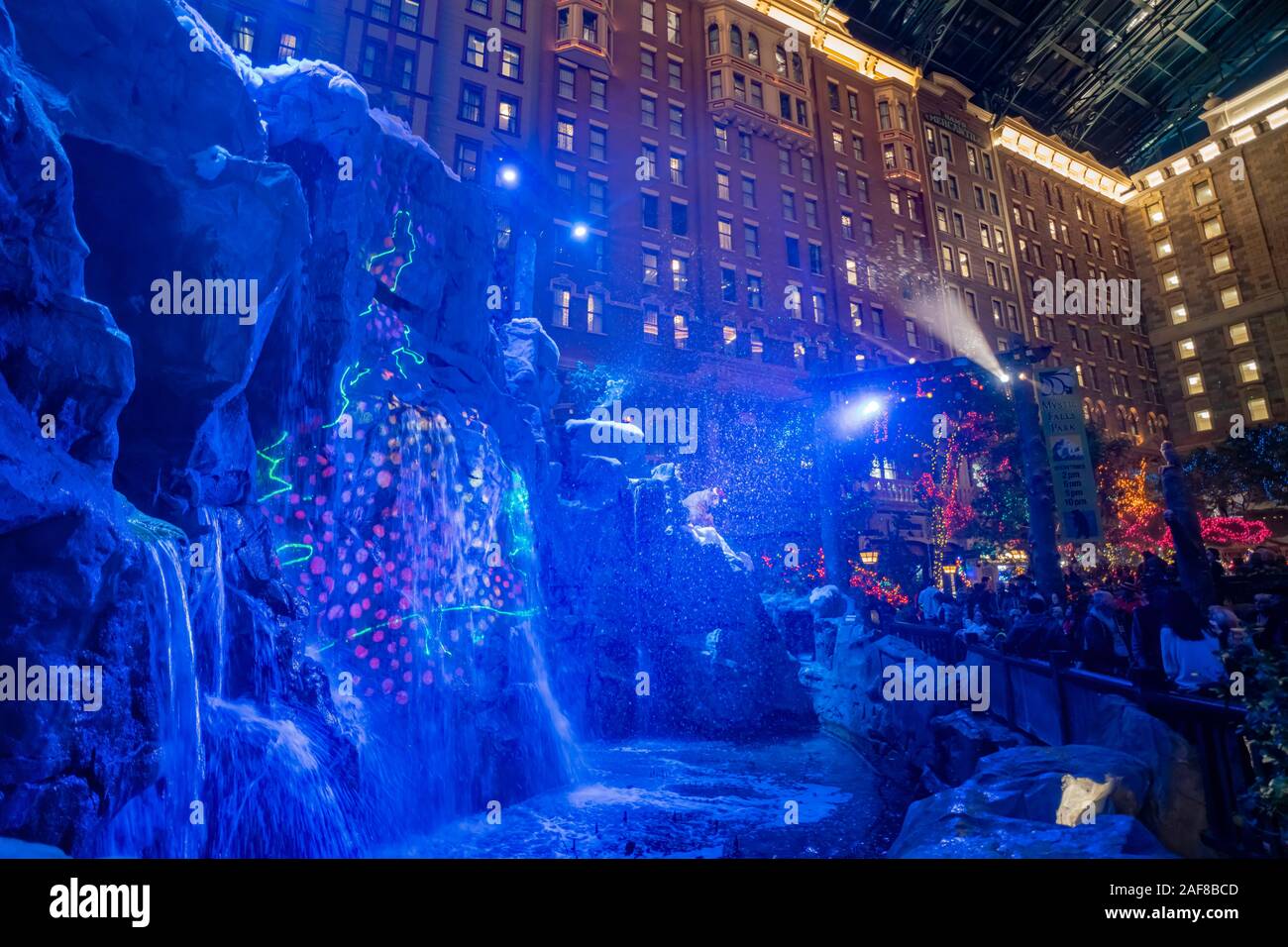 Las Vegas, DEC 12: Beautiful Christmas lights and shows of the Mystic Falls Park in Sam's Town on DEC 12, 2019 at Las Vegas, Nevada Stock Photo