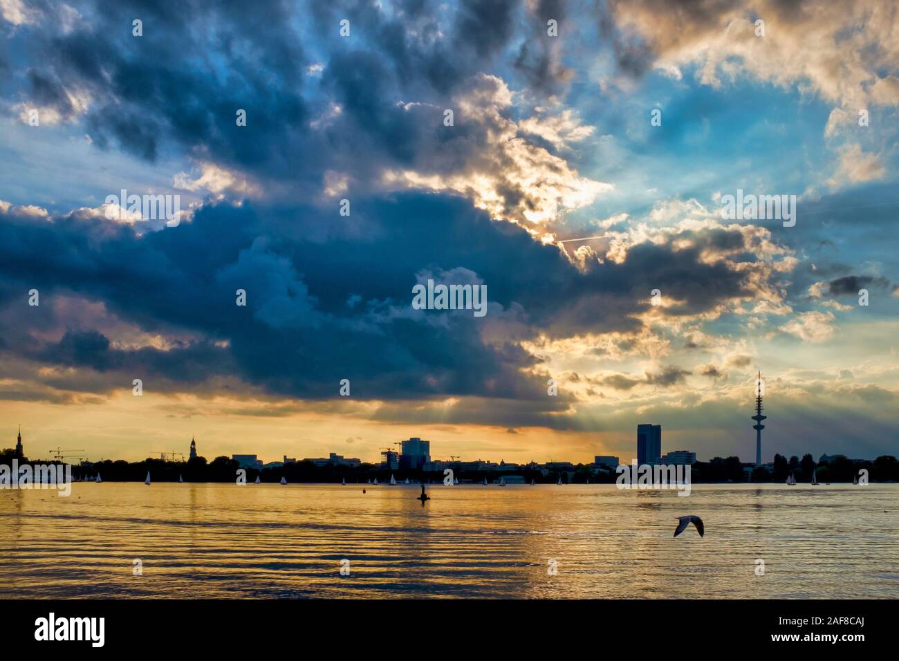 Sunset on the Outer Alster Lake, Hamburg, Germany Stock Photo