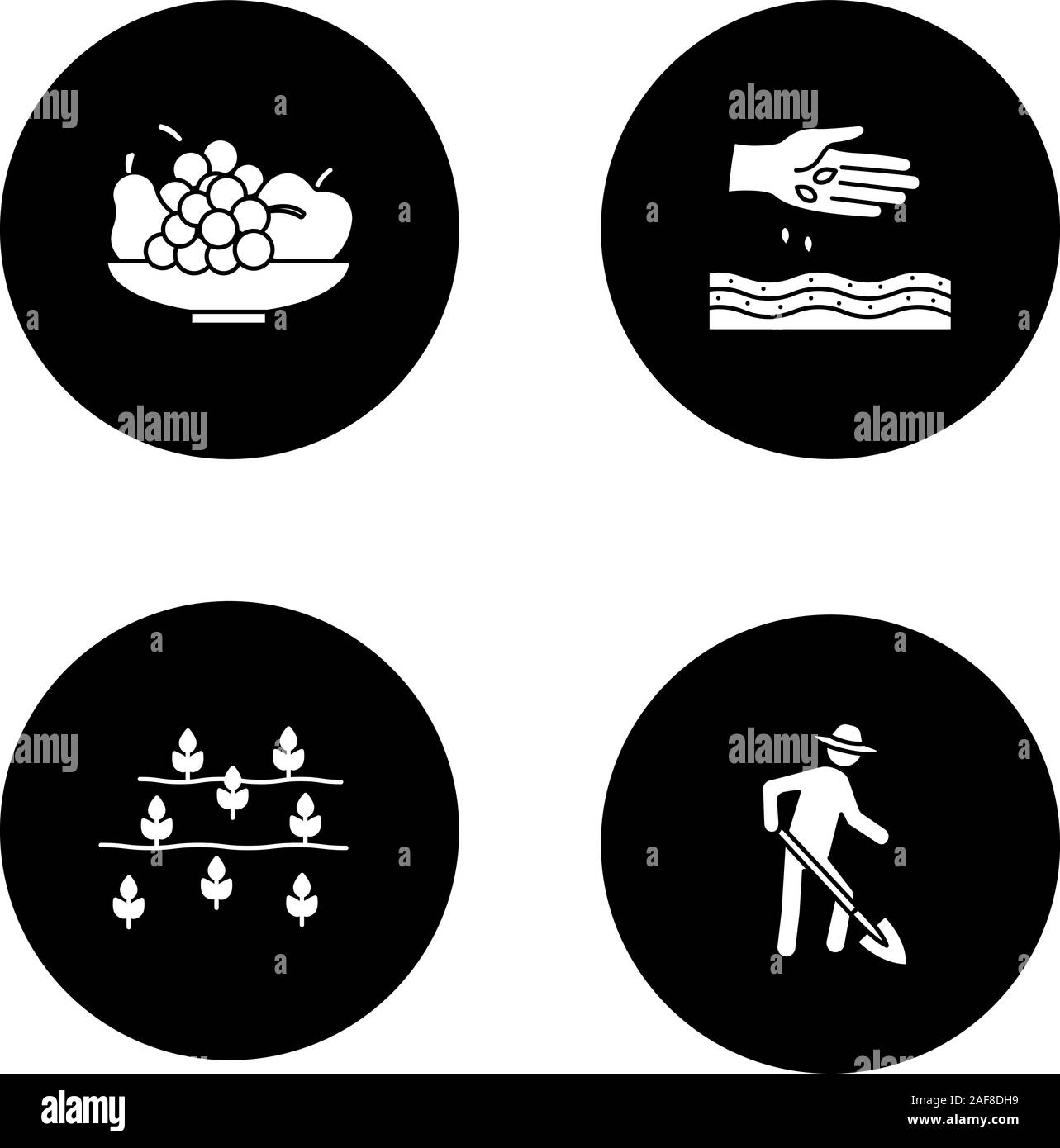 Agriculture glyph icons set. Bowl with fruit, hand sowing seeds, field, farmer with shovel. Vector white silhouettes illustrations in black circles Stock Vector