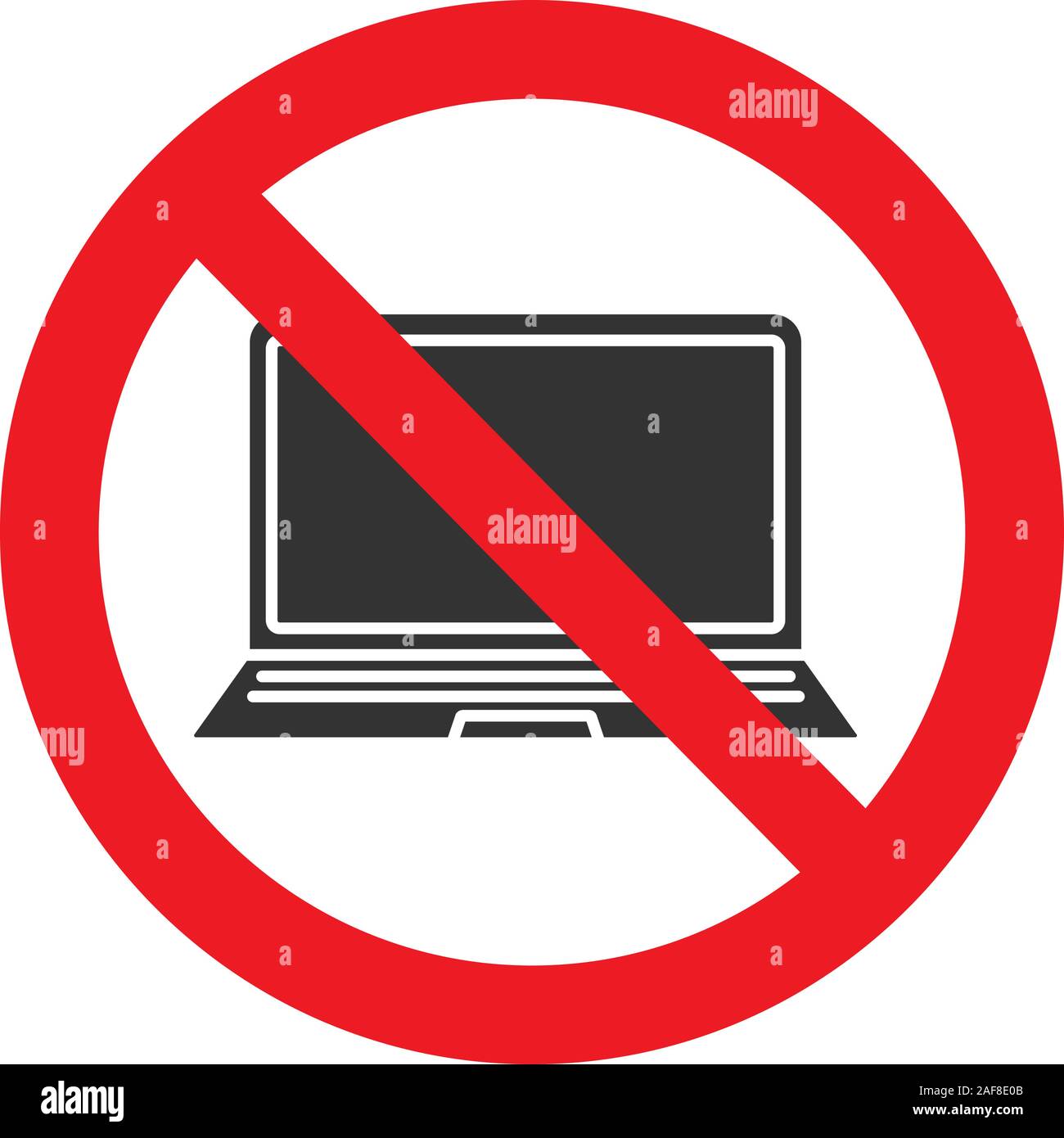Forbidden sign with laptop glyph icon. No computer using prohibition. Stop silhouette symbol