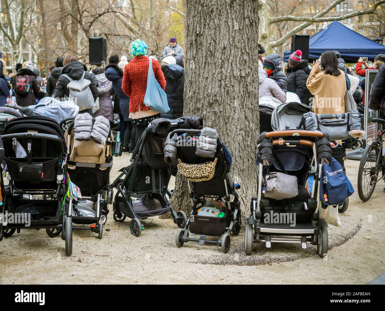It’s stroller gridlock at the Madison Square Park tree lighting in New York on Thursday, December 5, 2019. Hundreds of nannies and mother brought out their children to enjoy the tree lighting ceremony in the park. (© Richard B. Levine) Stock Photo