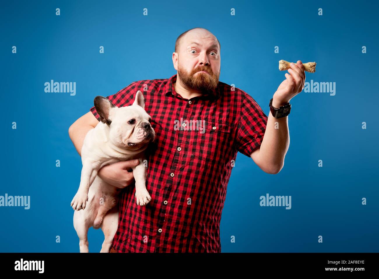 Man in shirt holds dog and bone on empty blue background in studio Stock Photo