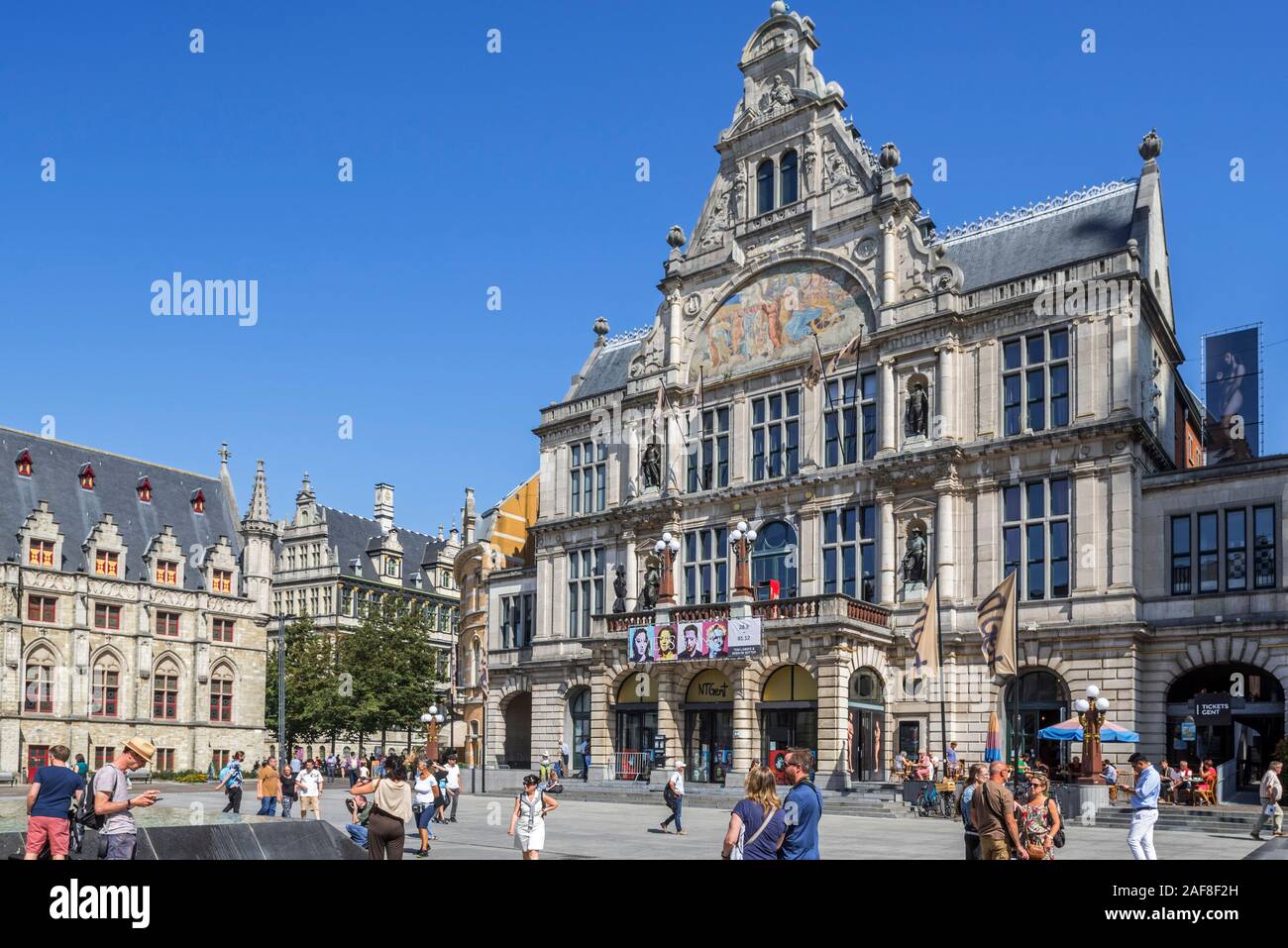 Royal Dutch Theatre / NTGent theater in eclectic style at the Sint-Baafsplein / St Bavo Square in the city Ghent in summer, East Flanders, Belgium Stock Photo