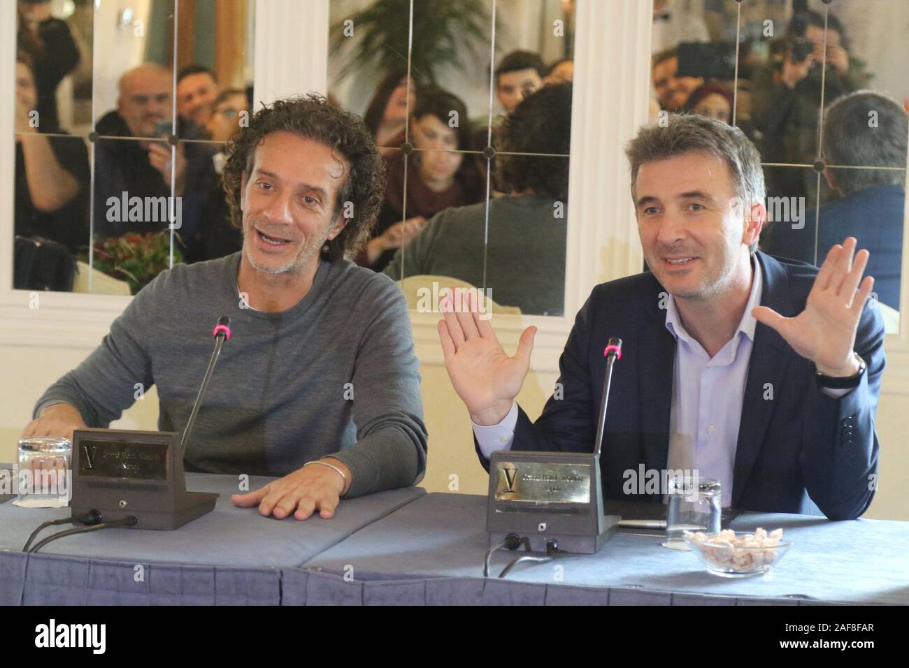 Napoli, Italy. 13th Dec, 2019. Photocall in Naples with cast and production of the movie titled IL PRIMO NATALE by and duo FICARRA & PICONE also Salvo Ficarra and Valentino Picone .In picture in order L to R:Salvo Ficarra, Valentino Picone, actor and director (Photo by Salvatore Esposito/Pacific Press) Credit: Pacific Press Agency/Alamy Live News Stock Photo
