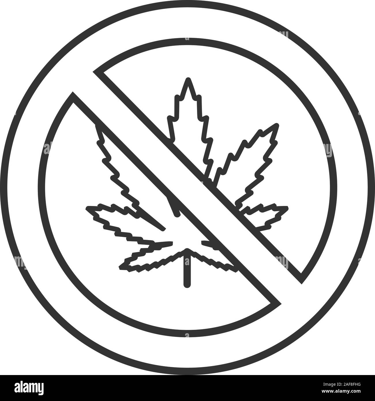 Forbidden sign with marijuana leaf linear icon. Thin line illustration. No cannabis. Stop contour symbol. Vector isolated outline drawing Stock Vector