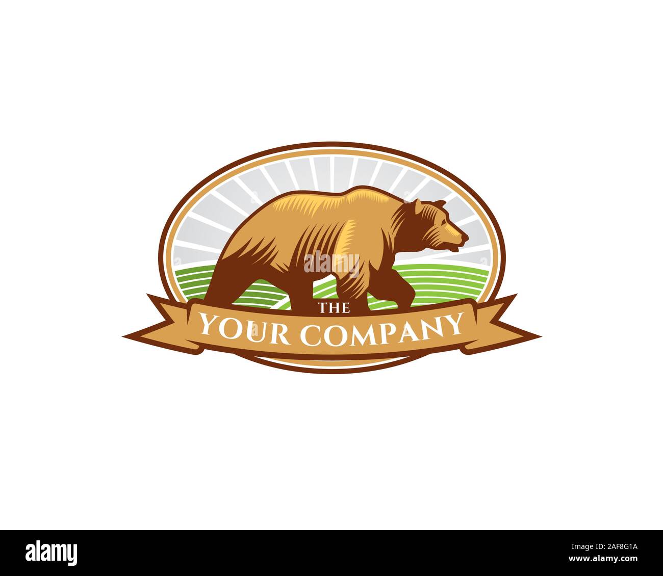 emblem logo of Brown mature bear walking alone on the hill in linocut drawing style Stock Vector
