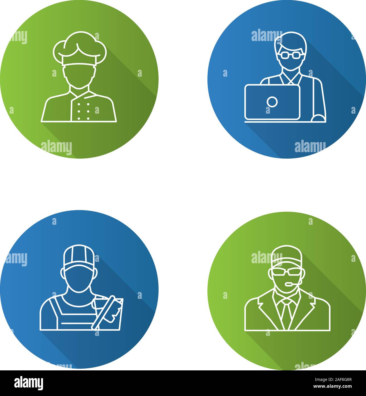Professions flat linear long shadow icons set. Occupations. Bodyguard ...