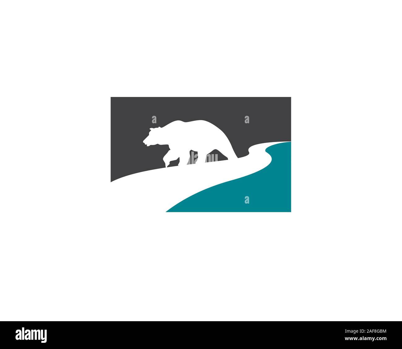 bear cub walking alone along creek river side as negative space inside two tone square logo Stock Vector