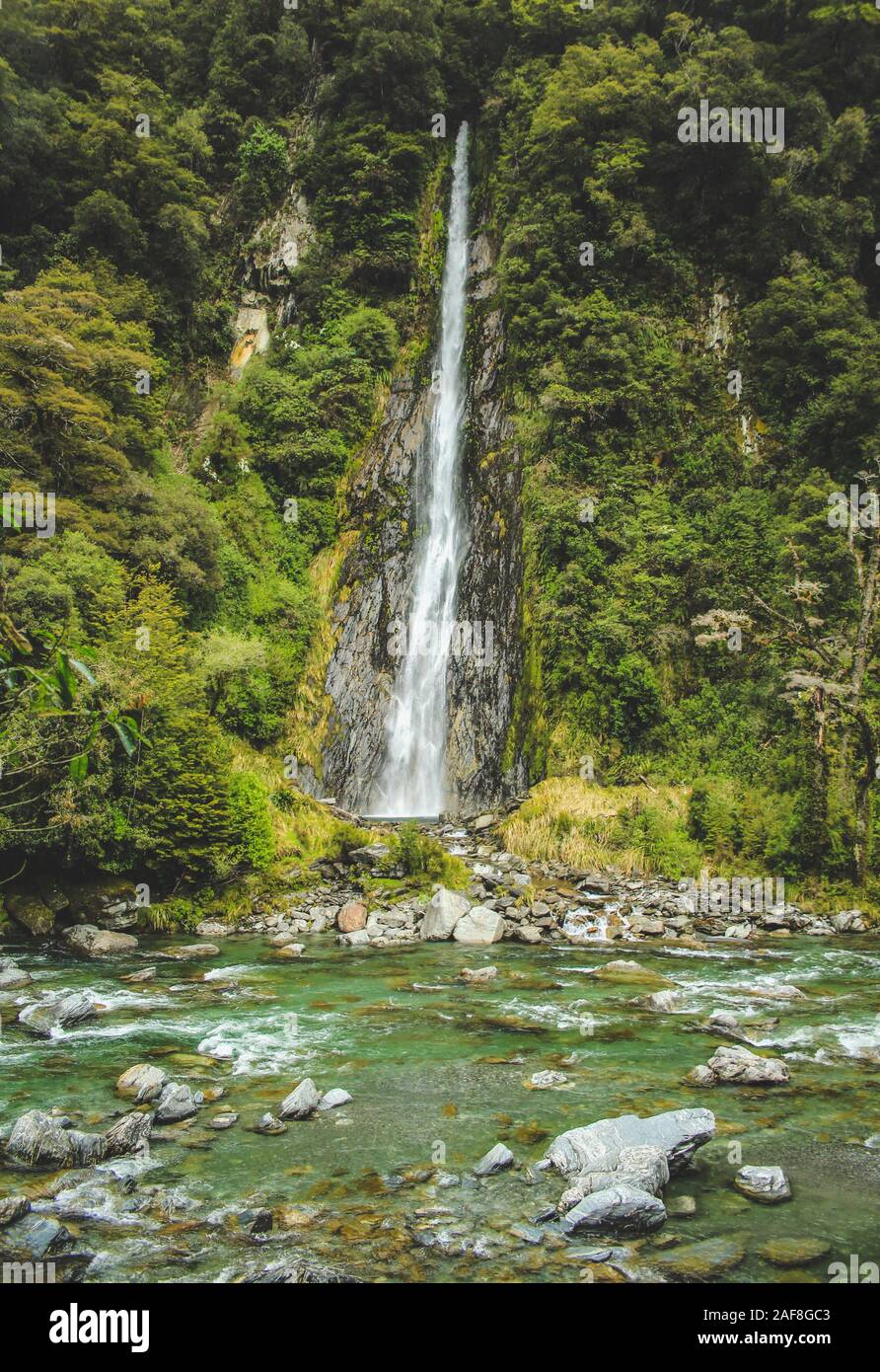 Thunder Creek Falls in Mount Aspiring National Park, South Island, New Zealand Stock Photo