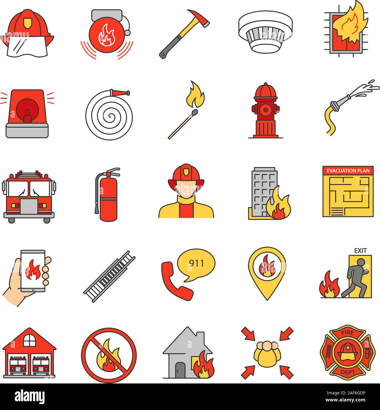 Firefighting color icons set. Fire station equipment. Isolated vector ...