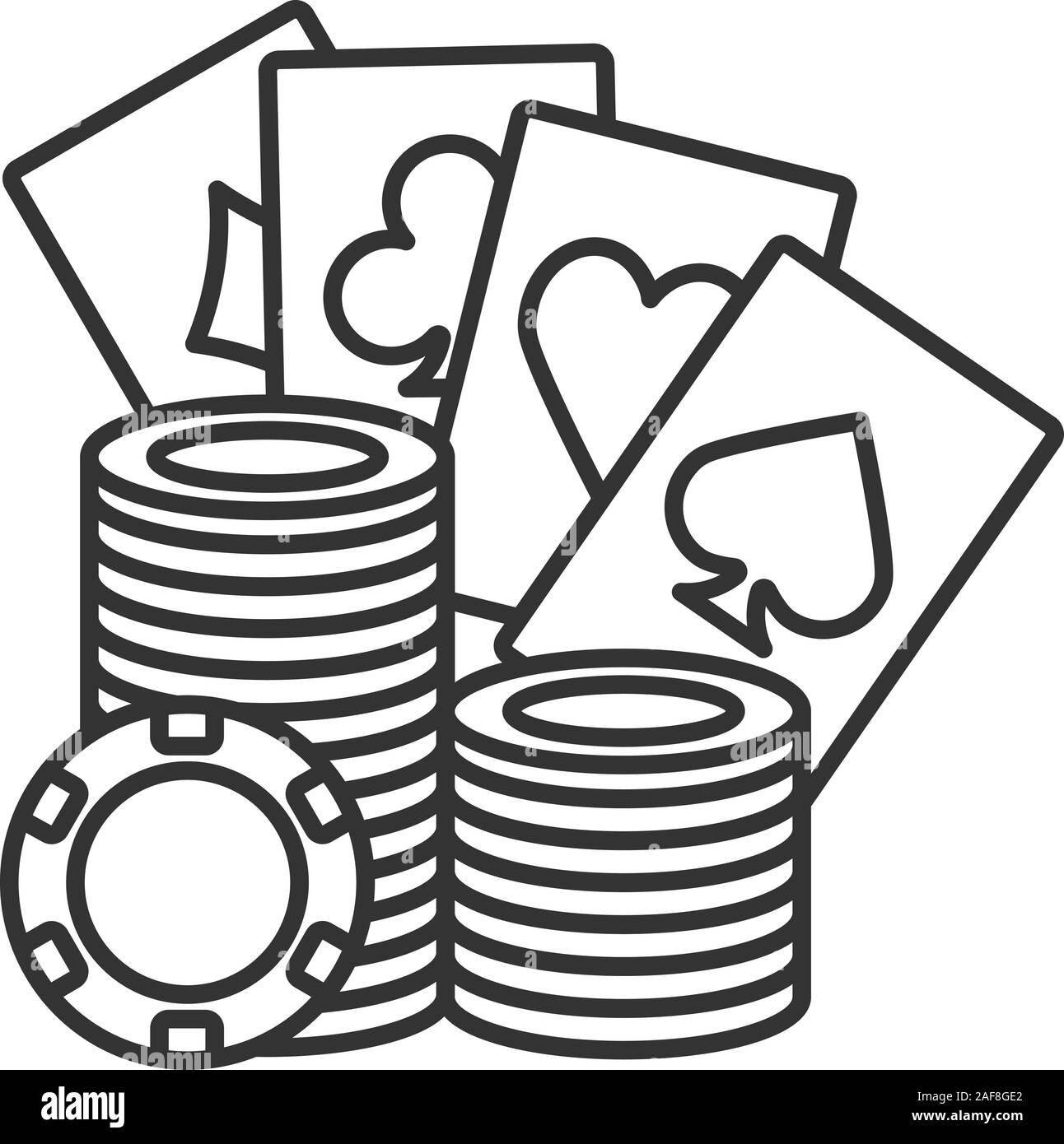 Casino chips stack with playing cards linear icon. Poker. Thin