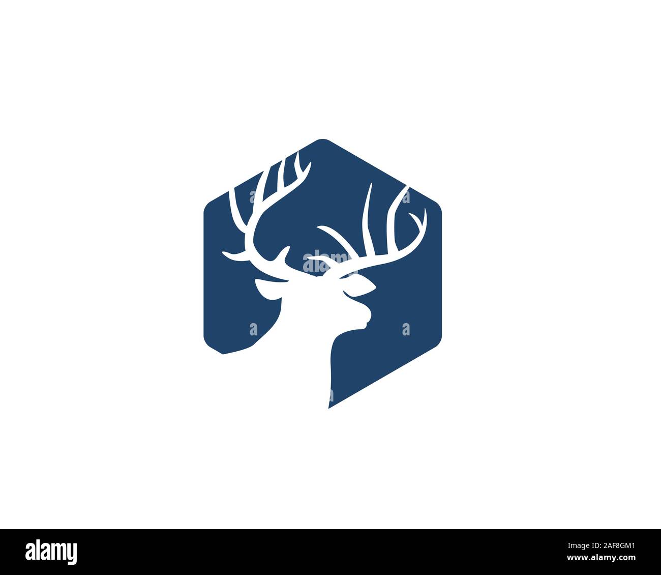 deer head with antlers as negative space inside hexagon logo Stock Vector